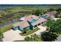 Aerial view of waterfront home with large lot, attached garage and backyard screened pool at 2189 Old Dixie Hwy, Ormond Beach, FL 32174