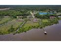 High angle drone image showing the beautiful property that includes a long private dock at 2189 Old Dixie Hwy, Ormond Beach, FL 32174