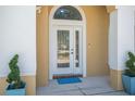 Inviting front entrance with an arched doorway, decorative sidelight, and manicured landscaping at 3615 Marisol Ct, New Smyrna Beach, FL 32168