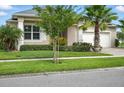 Well-maintained home featuring lush green lawn, landscape, and mature trees enhancing its curb appeal at 3048 Borassus Dr, New Smyrna Beach, FL 32168
