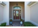 Inviting front entryway features a beautiful wood door with decorative glass inserts, flanked by columns and potted plants at 1338 Neuport Path, The Villages, FL 32163