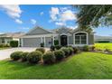 Gray house with 3-car garage, mature landscaping, and green lawn at 768 Bradford Loop, The Villages, FL 32163