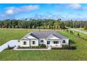 Aerial view of a single-story home with a well-manicured lawn, landscaping, and long driveway at 38805 Ranch Gate Blvd, Umatilla, FL 32784