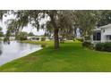 Serene backyard view featuring a tranquil pond, lush green grass, and mature trees draped with Spanish moss at 103 Fountain Cv, Leesburg, FL 34748