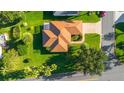 Aerial view of a home showing the roof, driveway, and well-manicured lawn at 1313 La Estrellita Way, The Villages, FL 32162