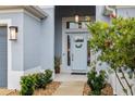 Inviting front entrance with light blue door and landscaping at 3606 Adamsville Ave, The Villages, FL 32163