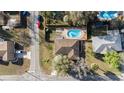 Aerial view of a home with a private backyard pool and lush greenery, providing a serene outdoor oasis at 5640 Se 21St Ln, Ocala, FL 34480