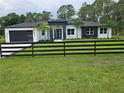 Charming single-story home featuring a modern black and white design, lush lawn, and a black wooden fence at 42157 Tamarac St, Eustis, FL 32736