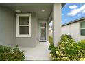 Covered side entrance with gray walls and a blue door at 29360 Caspian St, Leesburg, FL 34748