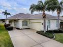 Single-story house with a two-car garage, landscaping, and palm trees at 12060 Se 176Th Loop, Summerfield, FL 34491