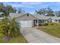 One-story home with gray siding, palm trees, and driveway at 26154 Newcombe Cir, Leesburg, FL 34748