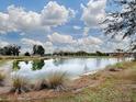 Serene view of a lake with lush greenery and a partly cloudy sky at 5911 Delphina Loop, The Villages, FL 32163