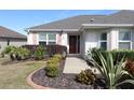 Front entrance with a brown door and lush landscaping at 1189 Homeland Park St, The Villages, FL 32162