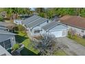 Overhead shot of charming single-story home featuring light blue siding, gray roof, and well-maintained landscaping at 7 Ginger Cir, Leesburg, FL 34748