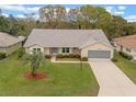 Aerial view of a well-maintained home with lush lawn, mature landscaping, and a long driveway at 26913 Racquet Cir, Leesburg, FL 34748