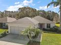 Single-story home with a neutral exterior, attached garage, and palm trees at 586 Juniper Way, Tavares, FL 32778