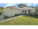 Tan house with red door, landscaping, and a two-car garage at 586 Juniper Way, Tavares, FL 32778