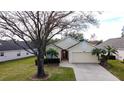 Single-story house with a two-car garage, partially visible neighboring homes, and a large tree in the front yard at 3916 Doune Way, Clermont, FL 34711
