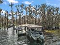 Covered boat dock with lift in a tranquil waterfront setting at 11644 Osprey Pointe Blvd, Clermont, FL 34711