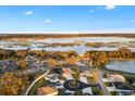 Expansive aerial view of a waterfront community with lush landscaping and beautiful homes by a serene lake at 4515 Biggs Pl, The Villages, FL 32163