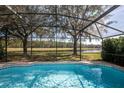 Inviting pool area showcasing a screened enclosure and serene water views at 16825 Sunrise Vista Dr, Clermont, FL 34714