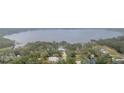 Aerial view shows home's location on a lake with lush surroundings at 18315 Dells Cv, Groveland, FL 34736