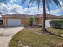 Beautiful home featuring a two-car garage, lovely landscaping, and palm trees at 2668 Alandari Ln, The Villages, FL 32162