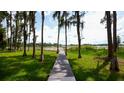 Scenic view of a wooden dock leading to a serene lake surrounded by mature trees at 9905 Skylark Ln, Groveland, FL 34736