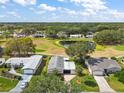 Aerial view of the home, featuring a large pond, surrounding trees, and views of the surrounding community at 25605 Belle Alliance, Leesburg, FL 34748