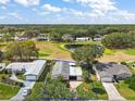 Aerial view of the home with blue line showing the property line, overlooking a large pond and surrounding trees at 25605 Belle Alliance, Leesburg, FL 34748