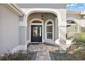 Inviting front entrance with glass door, arched entryway, and well-maintained landscaping at 3261 Wise Way, The Villages, FL 32163