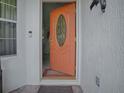 Inviting entryway featuring an orange door with a decorative glass insert and an accent rug at 33409 Pennbrooke Pkwy, Leesburg, FL 34748