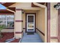 Welcoming front entrance with brown door, storm door, and security camera at 909 Palm Forest Ln, Minneola, FL 34715