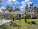 Charming single-story home showcasing a manicured lawn, mature palm trees, and a welcoming front entrance at 21902 King Henry Ave, Leesburg, FL 34748
