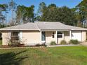 Inviting one-story brick home featuring a neatly maintained front yard and decorative front door on a sunny day at 1041 Eastbrook Ave, Deltona, FL 32738