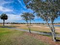 Picturesque golf course view with mature trees and serene water features under a bright blue sky at 1377 Eagle Ridge Dr, The Villages, FL 32162