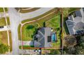 Aerial view of home showcasing private pool, fenced yard, and neighborhood at 14736 Pine Cone Trl, Clermont, FL 34711