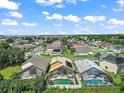 An aerial view showing neighborhood homes with screened-in pools, sunny skies and Florida community at 2903 Blooming Alamanda Loop, Kissimmee, FL 34747