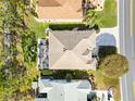 Aerial view of a home with a screened in patio and manicured backyard at 3163 Southern Trce, The Villages, FL 32162