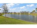 Picturesque backyard view of a tranquil lake lined with lush greenery and neighboring homes at 1581 Rowell St, The Villages, FL 34762