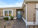 Inviting front entry with a blue glass door, decorative landscaping, and a stone walkway at 2175 Madero Dr, The Villages, FL 32159