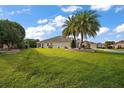 Expansive backyard featuring a green lawn and mature palm trees, perfect for outdoor enjoyment and relaxation at 2882 Adrienne Way, The Villages, FL 32163