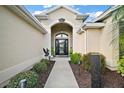 Inviting home entrance with well-manicured landscaping, a modern door, and decorative elements creating curb appeal at 3426 Boardroom Trl, The Villages, FL 32163