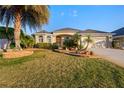 Beautiful single-story home with a well-manicured lawn and landscaping with various plants and a large palm tree at 3144 Mayflower Loop, The Villages, FL 32163