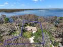 Aerial view of a waterfront property showcasing the home's location and natural surroundings with mature trees at 1322 Howard Rd, Leesburg, FL 34748