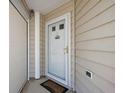 Close-up of a white front door with a glass window, set against tan siding, and a welcome mat at 1781 Kingfisher Ct, The Villages, FL 32162