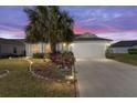 Charming single-story home featuring a well-manicured lawn and mature landscaping with a large palm tree at dusk at 3009 Batally Ct, The Villages, FL 32162