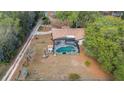 Aerial view of the backyard featuring a screened-in pool and mature trees at 1236 Selman Rd, Leesburg, FL 34748