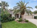 Well-maintained single-Gathering home with lush landscaping, a large palm tree, and neutral exterior paint at 164 Palermo Pl, The Villages, FL 32159