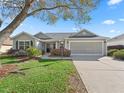 Attractive one-story home with a manicured lawn, mature trees, and a convenient two-car garage at 17635 Se 82Nd Annadale Ter, The Villages, FL 32162